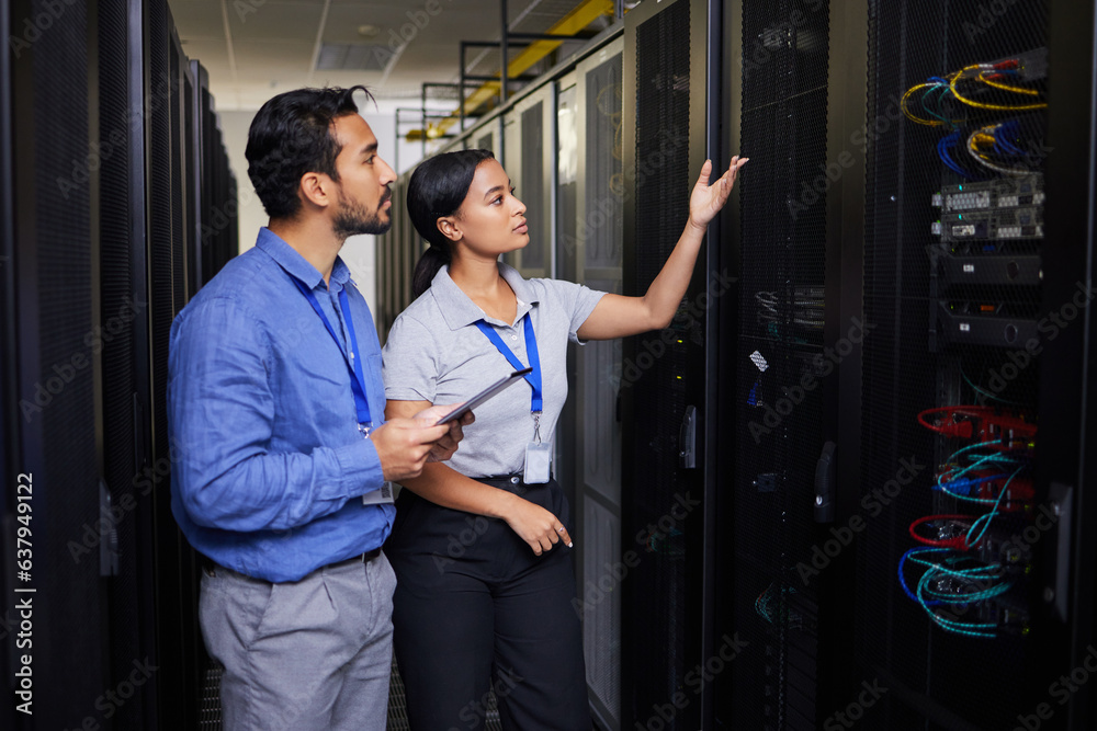 People, data center and engineering teamwork, inspection and cybersecurity, power or backup solution