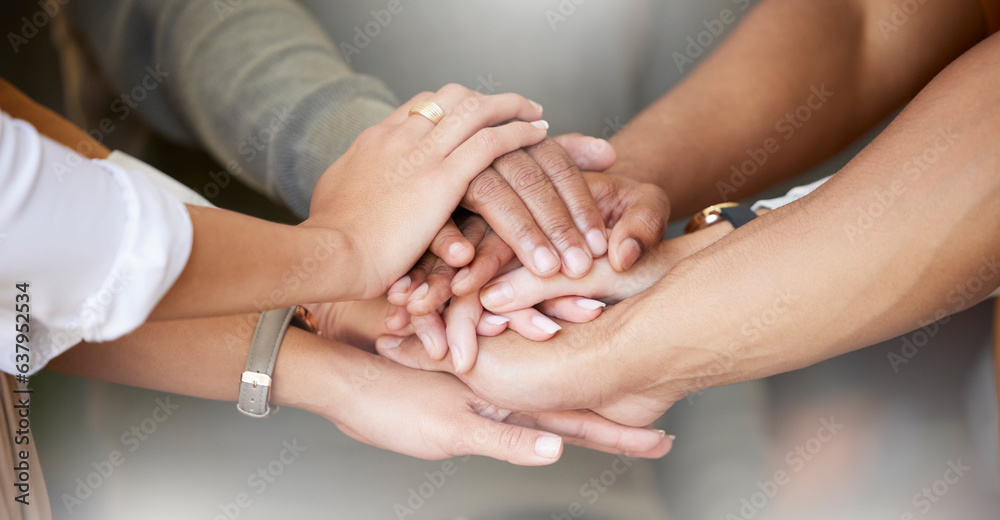 Office, teamwork and hands together in huddle for team building, collaboration and motivation at sta