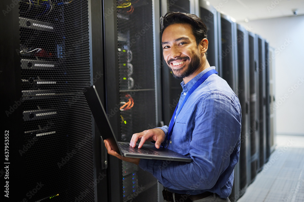 Man, engineering computer and server room, data center and portrait for system solution, electrician