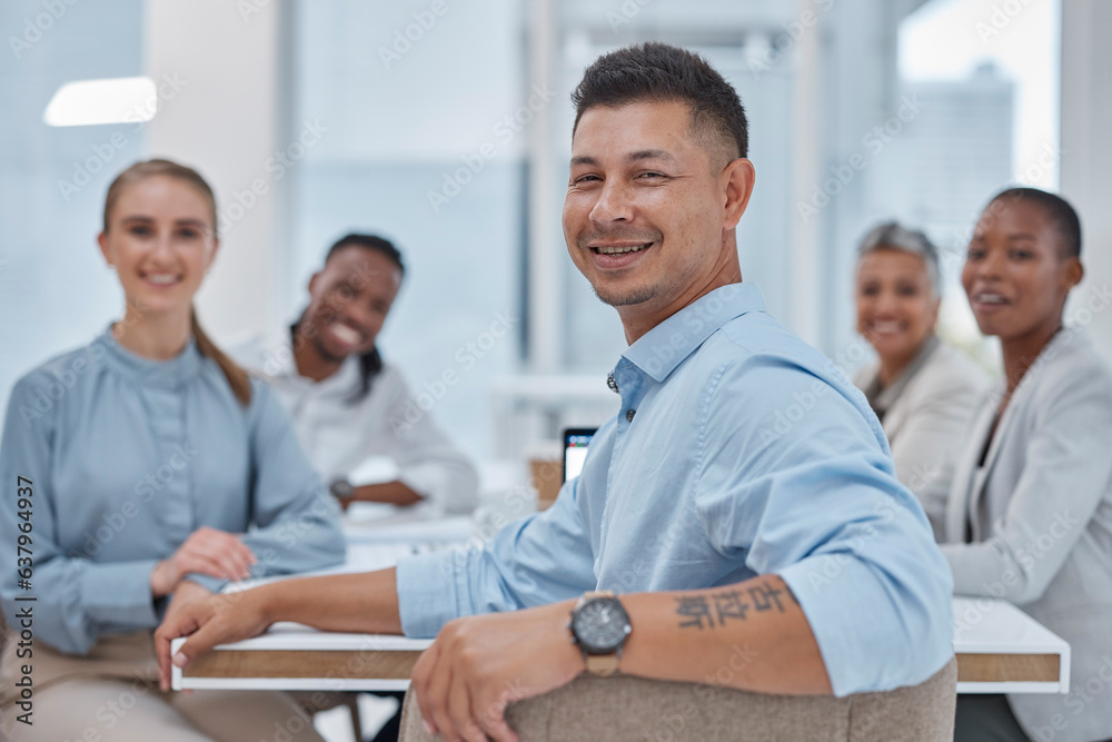 Portrait, man and business people in a meeting, planning and brainstorming with a project, company d