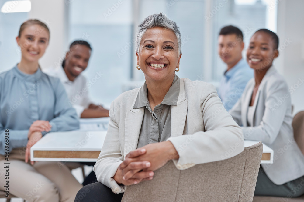 Portrait, woman and business people in a meeting, brainstorming and teamwork with a project, company