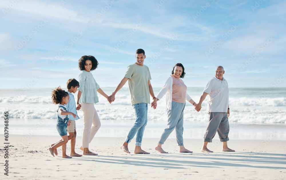 Summer, beach and a family holding hands while walking on the sand by the ocean or sea together. Gra