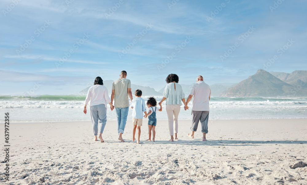 Family, holding hands and walking outdoor on a beach with love, care and happiness on summer vacatio