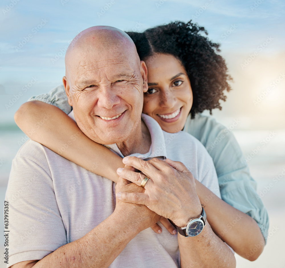 Beach, portrait and woman with her senior dad on family vacation, holiday or adventure. Happy, smile