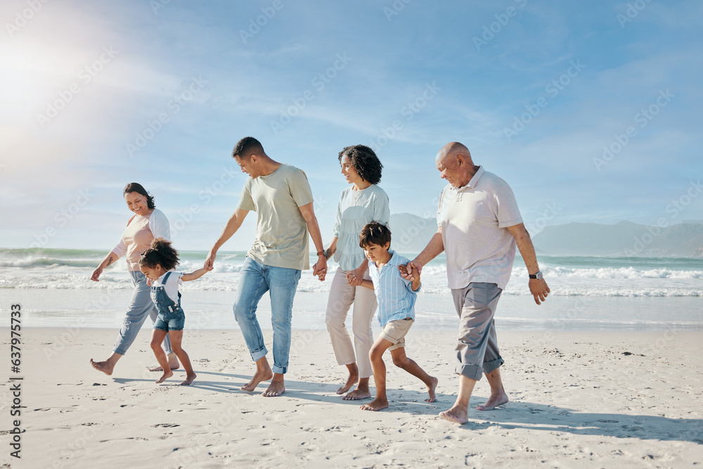 Family, holding hands and walking outdoor on a beach with love, care and happiness for summer vacati