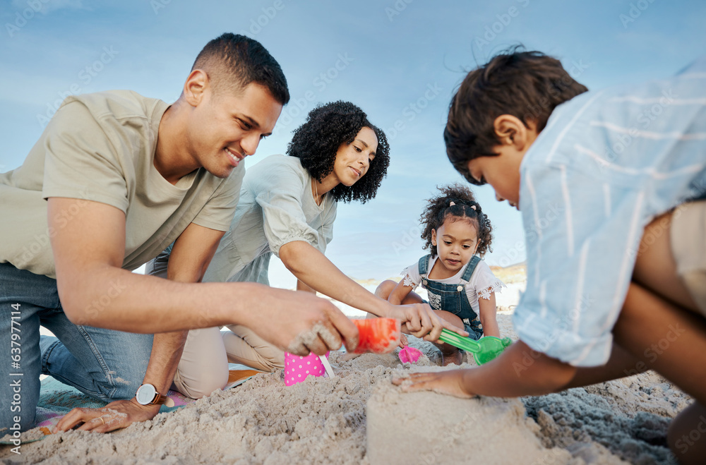 Parents, children and sandcastle at beach, bucket and digging for bonding, outdoor and vacation in s