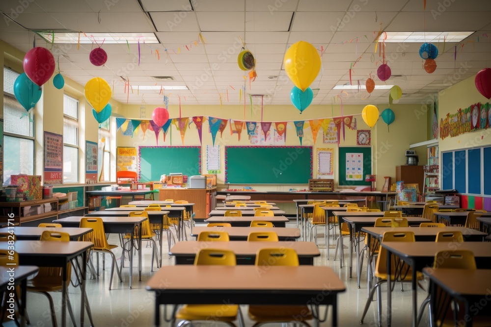 Empty classroom in an elementary school ready for the students coming in for the first day of school