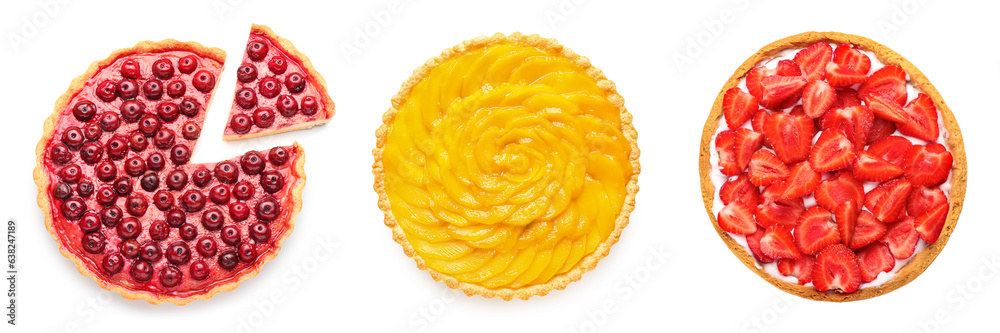 Set of sweet pies on white background, top view