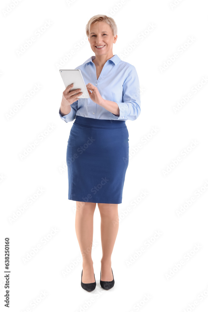 Mature businesswoman with tablet computer on white background