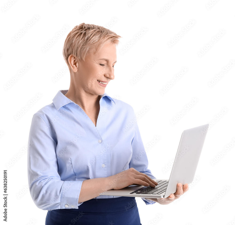 Mature businesswoman with laptop on white  background