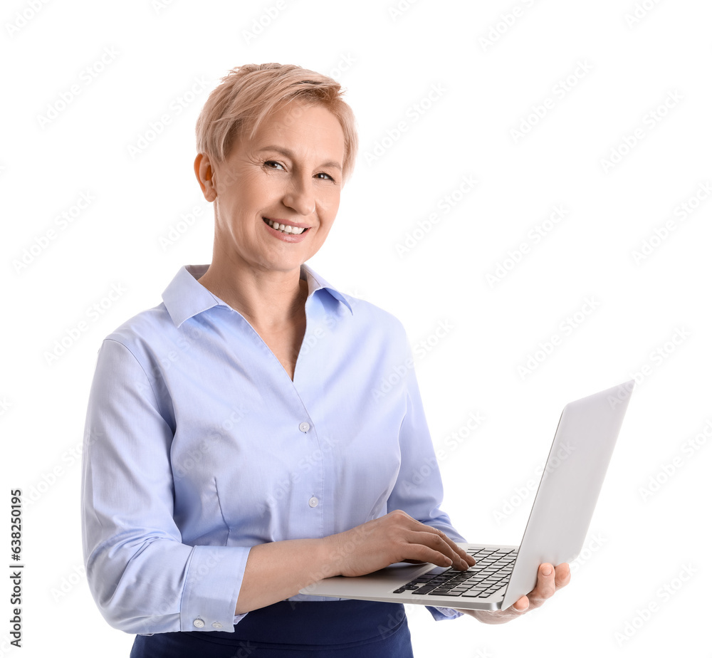 Mature businesswoman with laptop on white  background