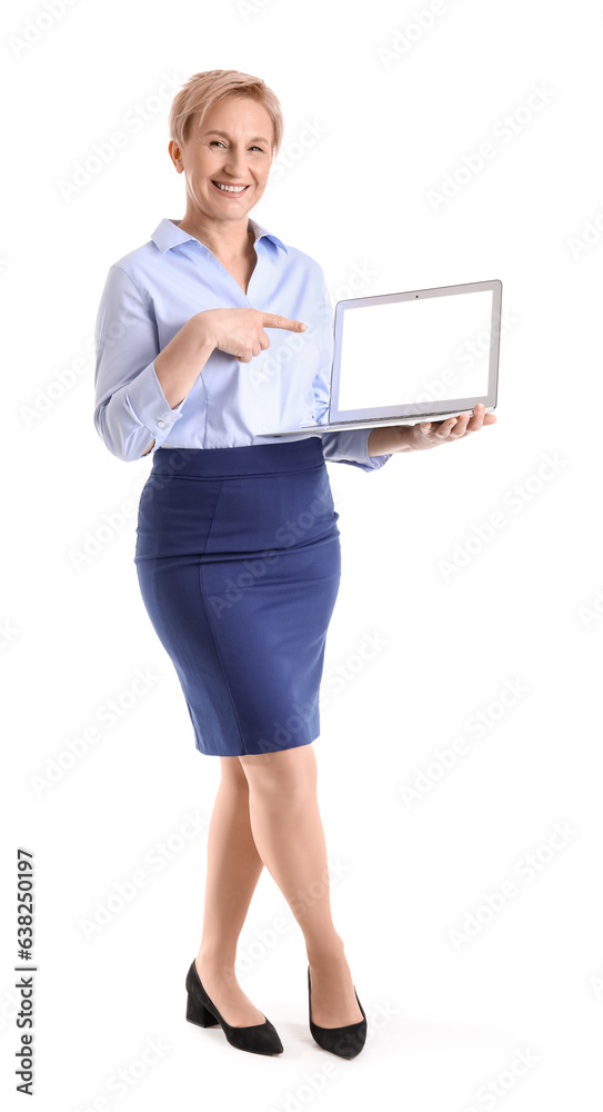 Mature businesswoman with laptop on white  background