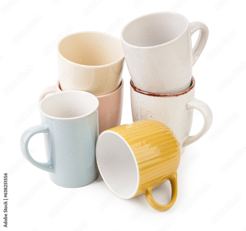 Set of different cups on white background