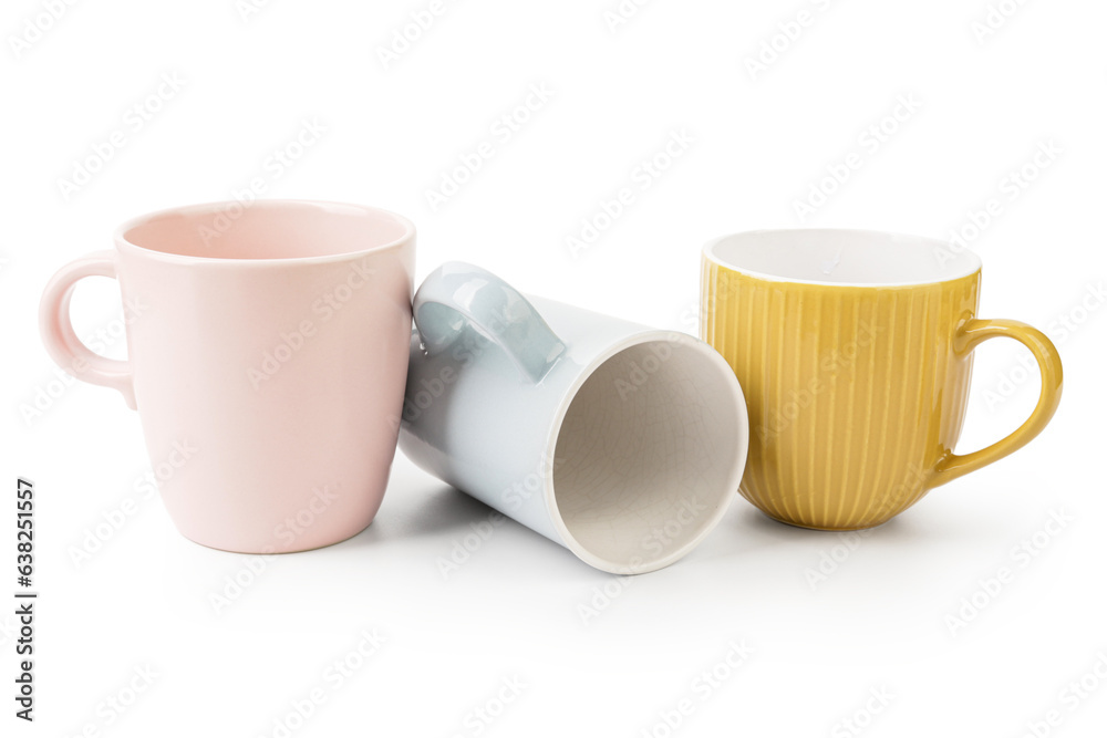 Set of different cups on white background