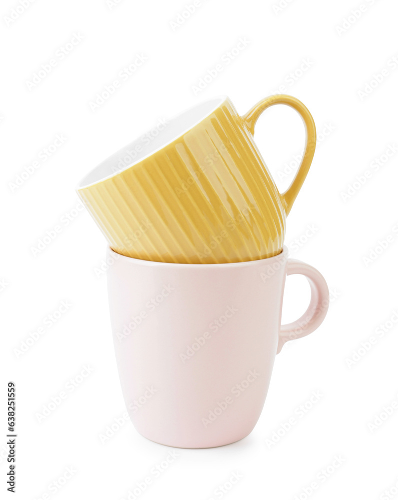 Color cups on white background