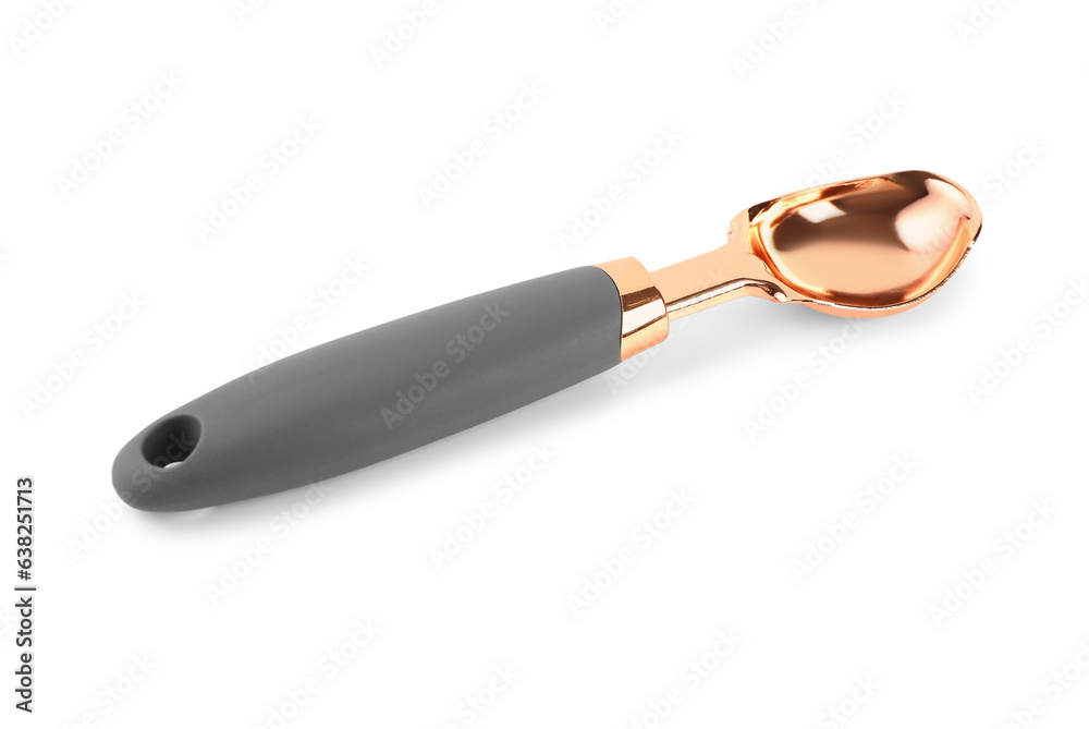 Stainless steel ice cream scooper on white background