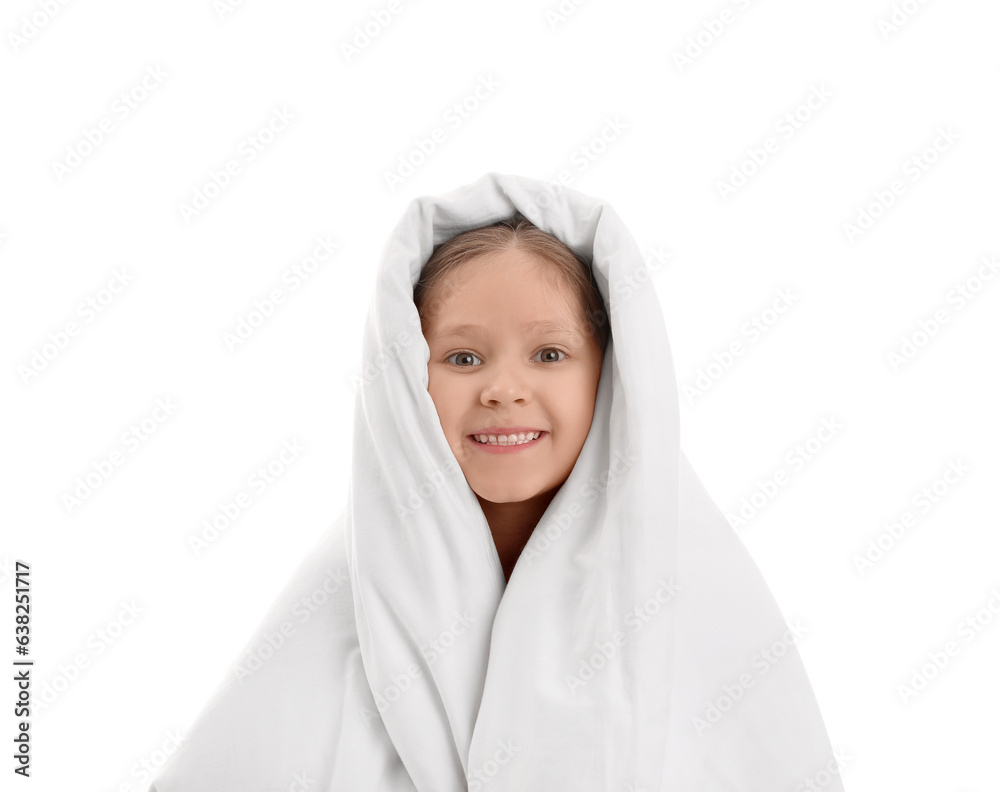 Little girl with soft blanket on white background