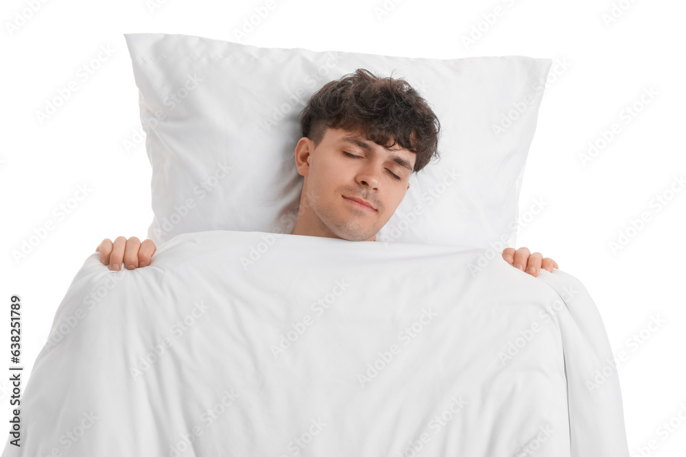 Handsome young man with soft blanket sleeping on white background