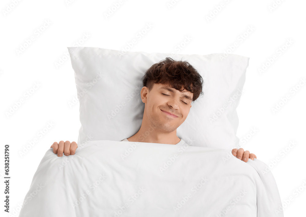 Handsome young man with soft blanket sleeping on white background