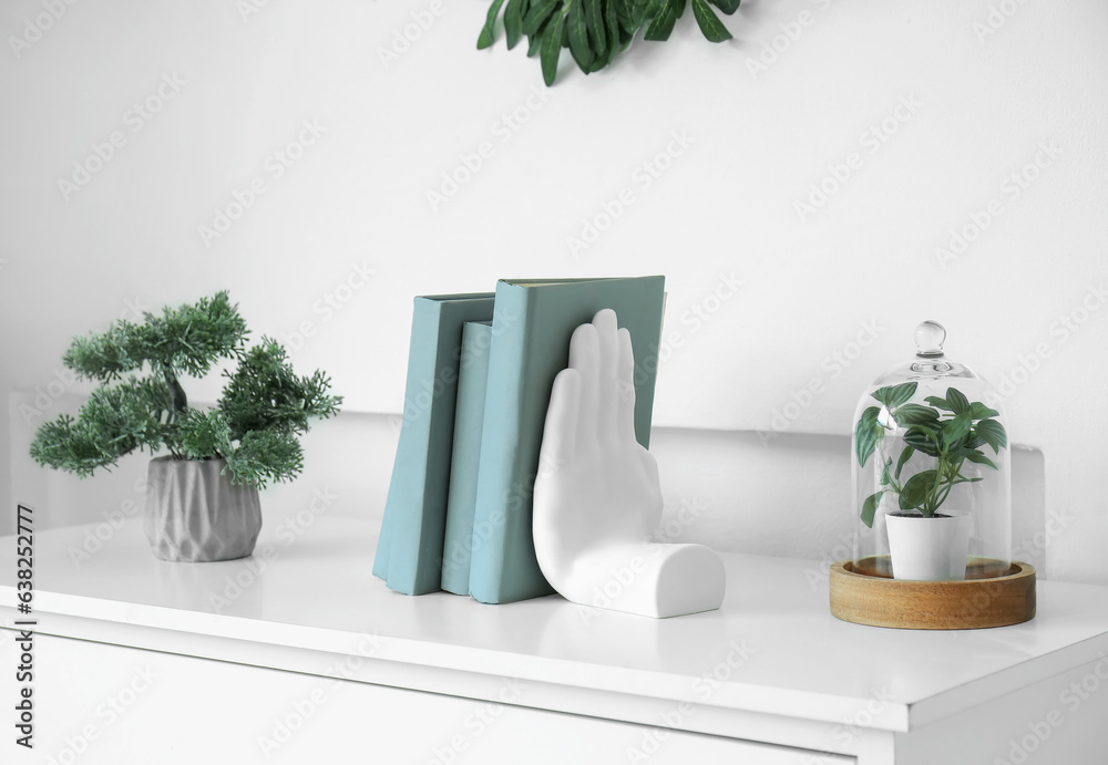 Stylish holder for books with houseplants on commode in room