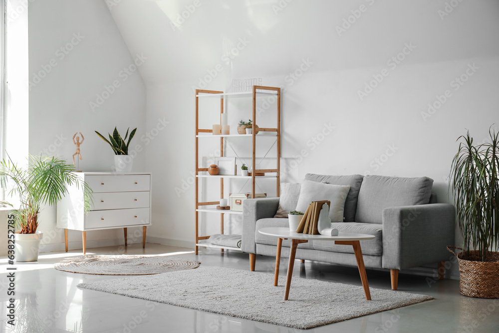 Interior of living room with sofa, houseplants and stylish holder for books on coffee table