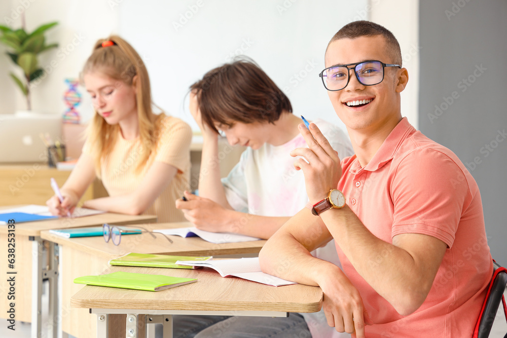 Male student with his classmates having lesson in classroom