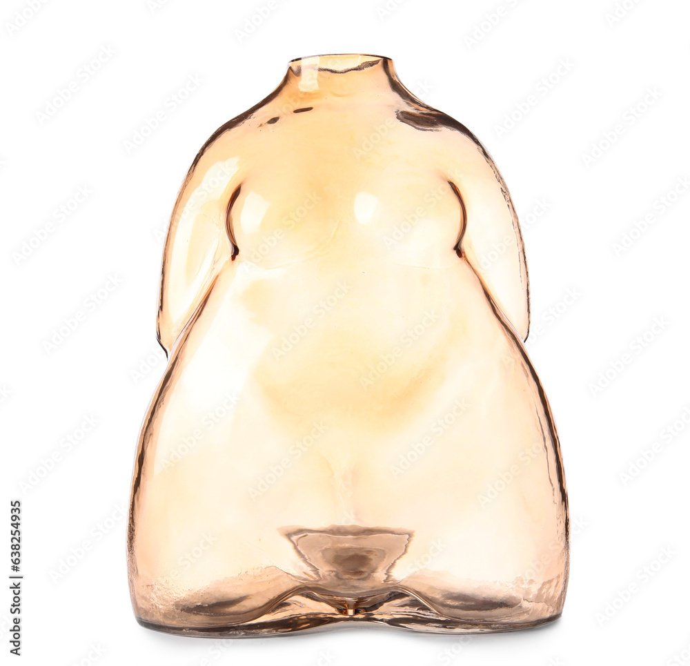 Empty glass vase in shape of female body on white background