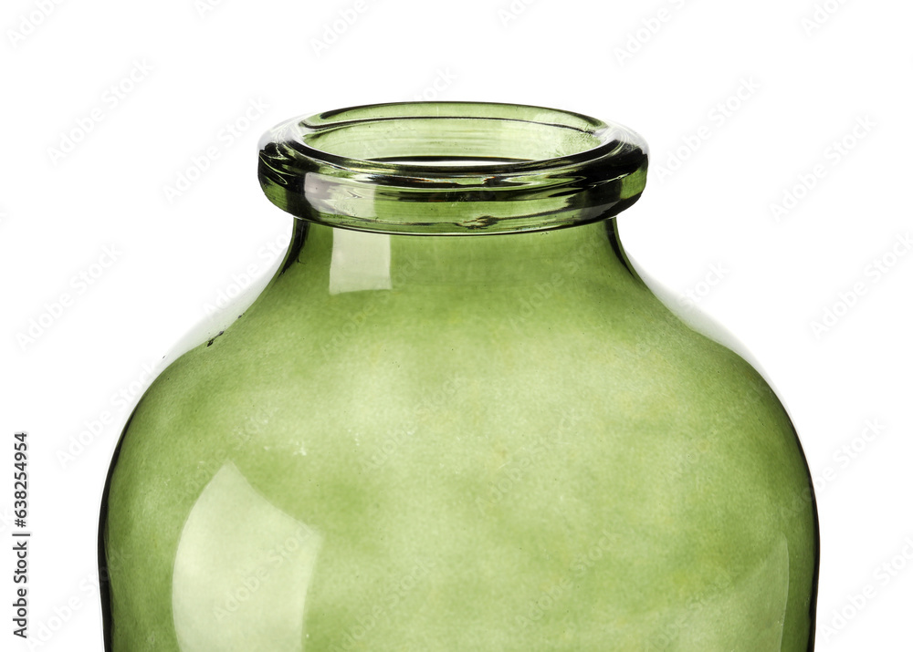 Empty green glass vase on white background