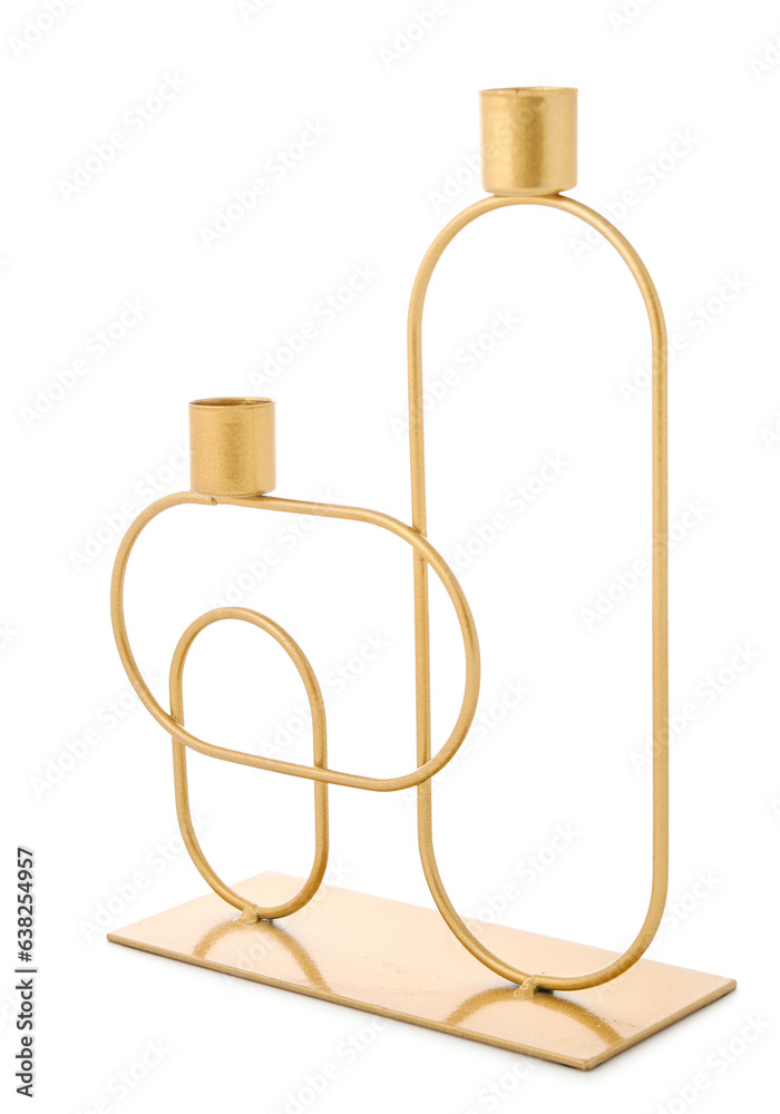 Stylish golden candlestick on white background