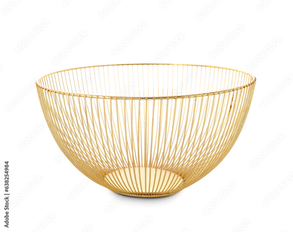 Golden fruit bowl on white background