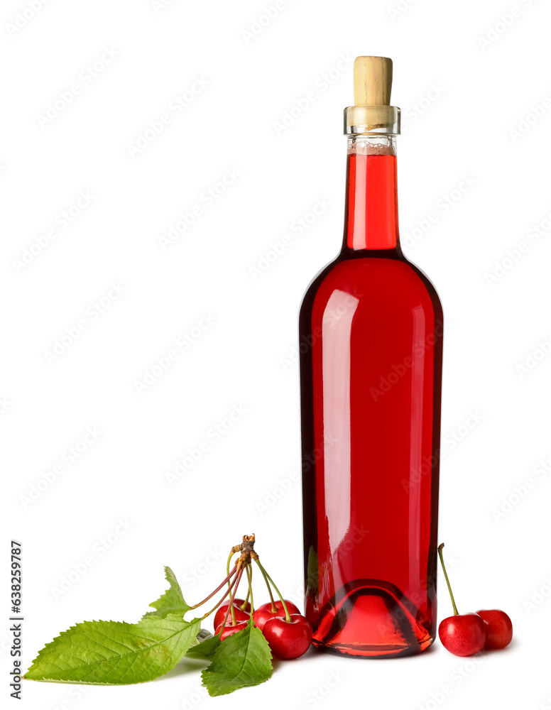 Bottle of sweet cherry liqueur with fresh berries on white background