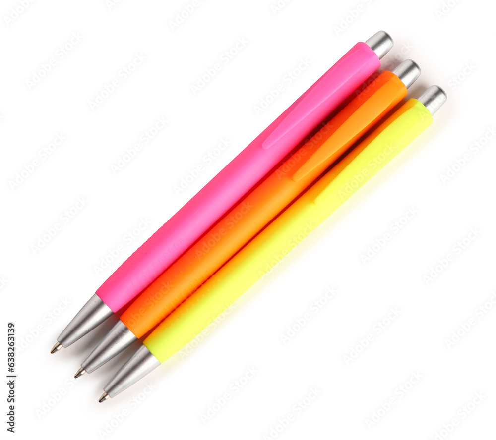 Colorful pens on white background