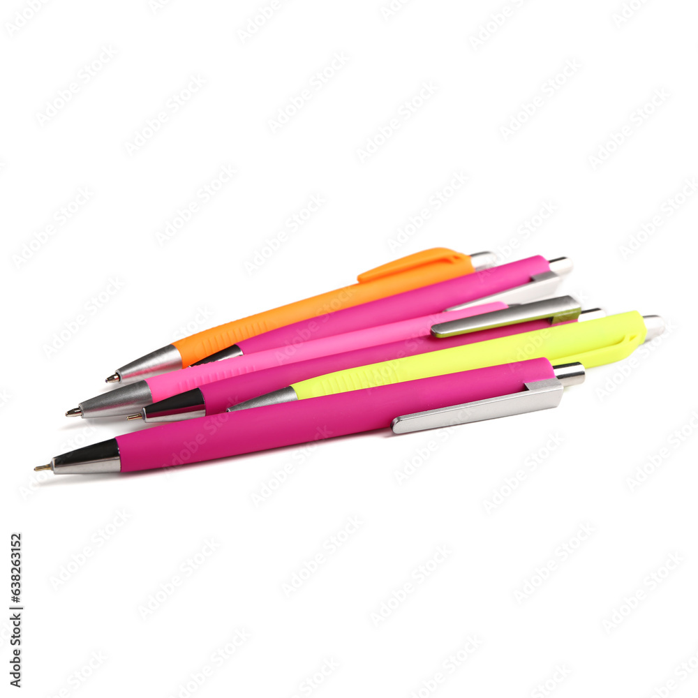 Colorful pens on white background