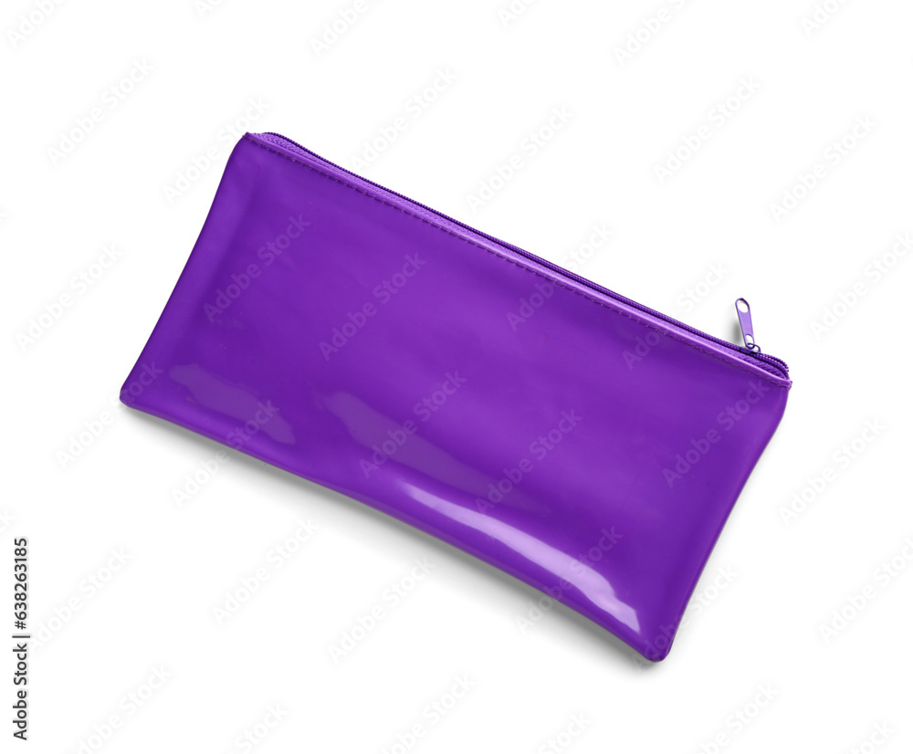 Purple pencil case on white background