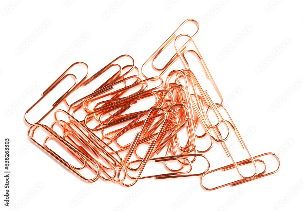 Rose gold paper clips on white background