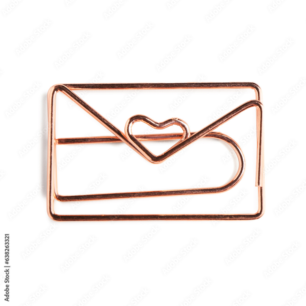 Rose gold paper clip in shape of envelope on white background