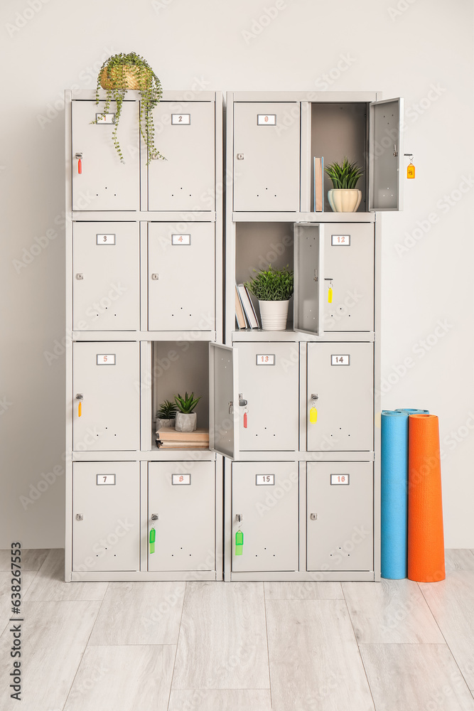 Modern locker with books and plants near light wall