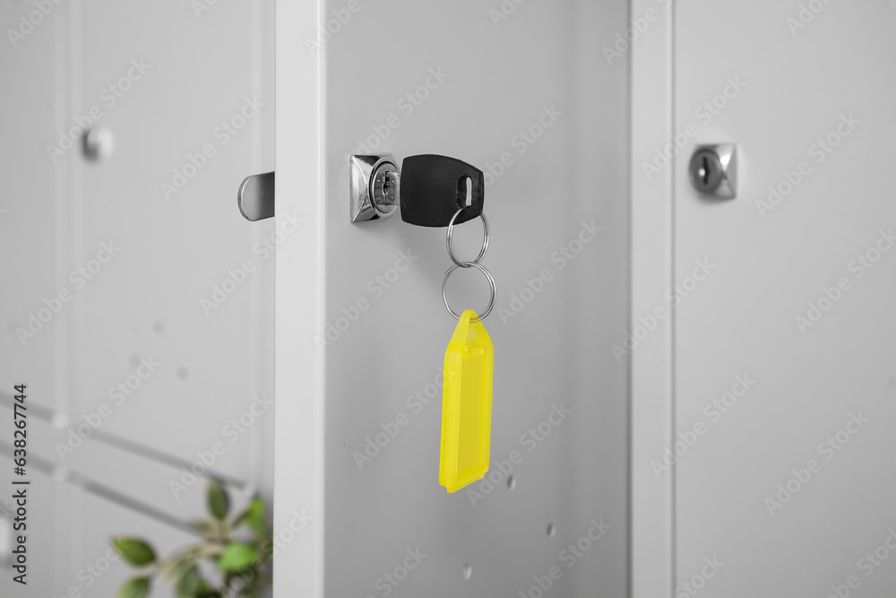 Modern locker with key, closeup