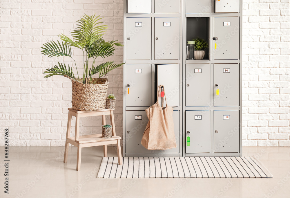 Modern locker with plants and stepladder near white brick wall