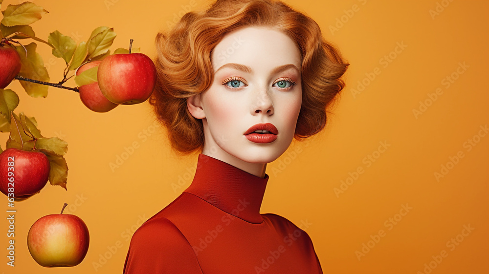 Beautiful young model with red apples