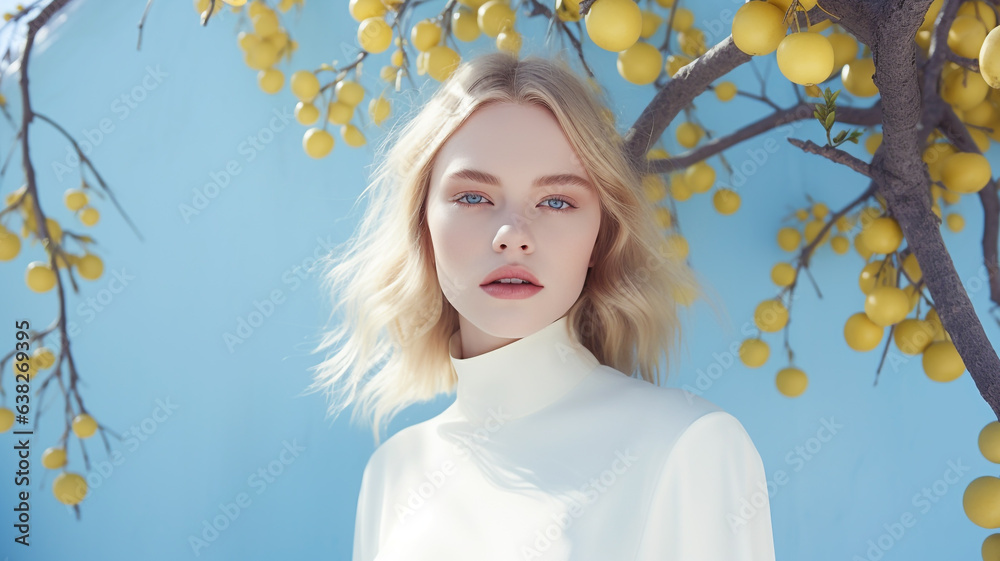 Elegant young woman with lemon tree