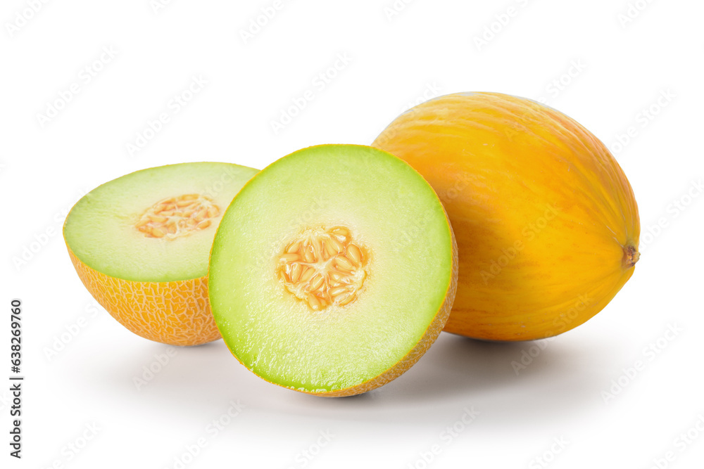 Tasty ripe melons on white background