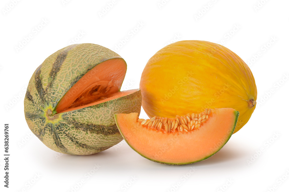 Tasty ripe melons on white background