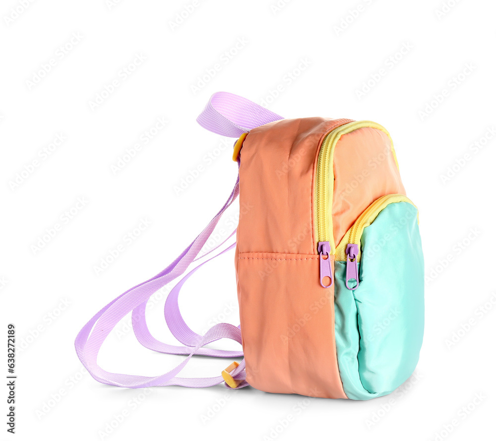 Stylish school backpack on white background