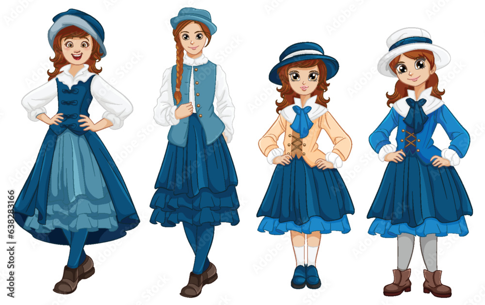 Vintage Women in Blue Dresses: A Vector Illustration