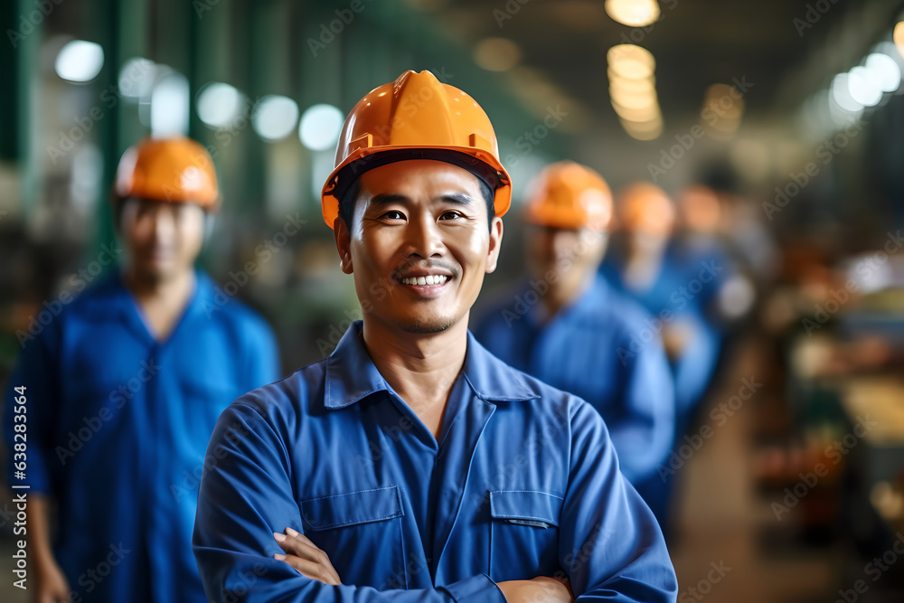 Portrait of asian factory workers stand with confidence and success. Asian Male with safety hat smil