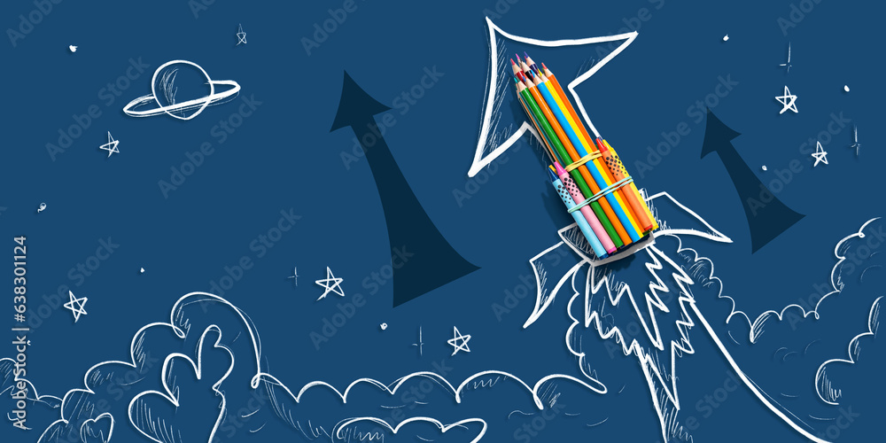 Back to school theme with hand drawn rocket and pencils - Flat lay