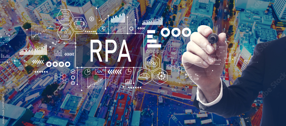 Robotic Process Automation RPA theme with businessman in a city at night