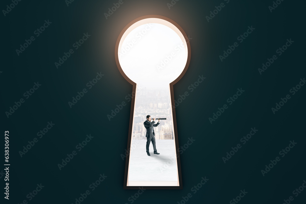 Businessman with telescope standing in bright keyhole opening with city view on black wall backgroun