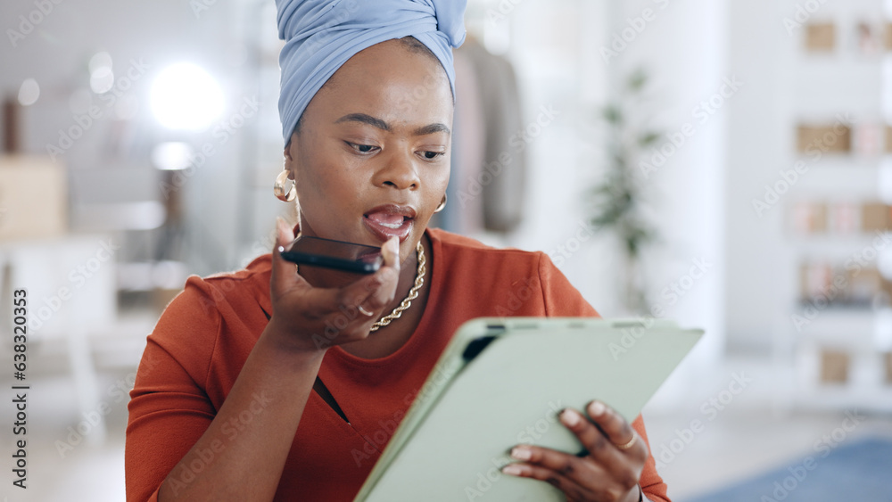 Phone call, tablet and business woman in the office while doing research for a corporate project. Ce